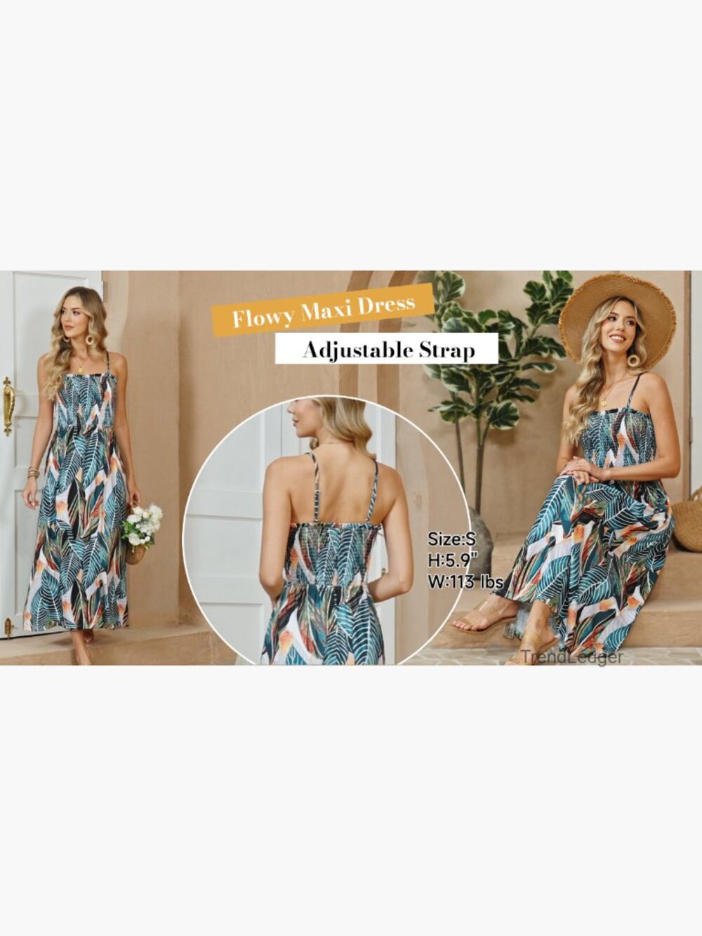Spaghetti Strap Maxi Dress Smocked with Pockets Boho Beach Long Sundress - Picture 7 of 7